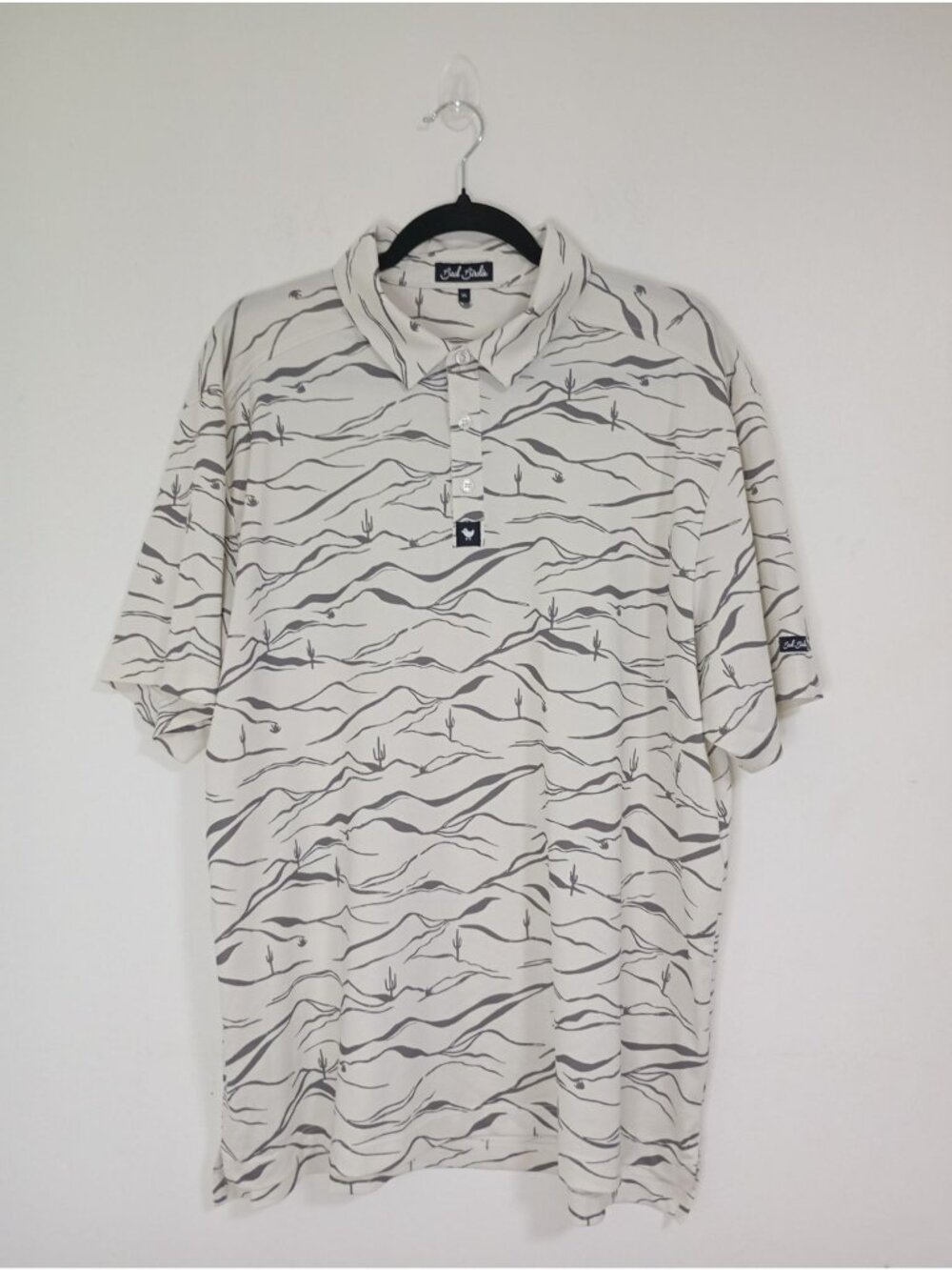 Bad Birdie Mens XXL Golf Polo Shirt Beige/Gray Desert Cactus Print Short Sleeve